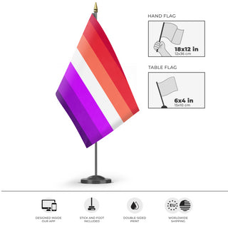 A mockup of the custom flag 'asexual lesbian flag' as a desk flag and small hand waving flag