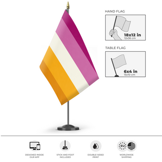 A mockup of the custom flag 'futch lesbian flag' as a desk flag and small hand waving flag