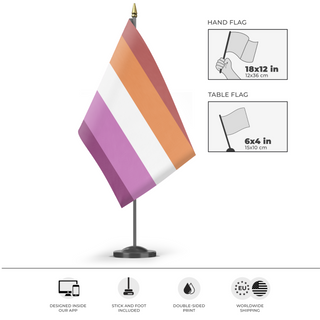 A mockup of the custom flag 'pastel lesbian flag' as a desk flag and small hand waving flag