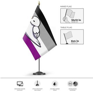 A mockup of the custom flag 'Ace Duck Flag' as a desk flag and small hand waving flag