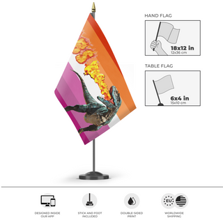 A mockup of the custom flag 'lesbian dinosaur flag' as a desk flag and small hand waving flag