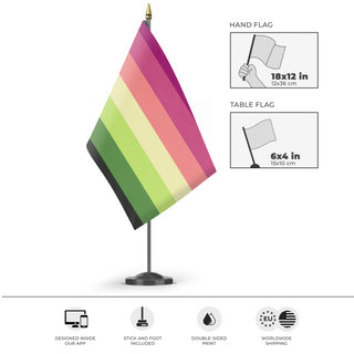 A mockup of the custom flag 'aromantic lesbian flag' as a desk flag and small hand waving flag