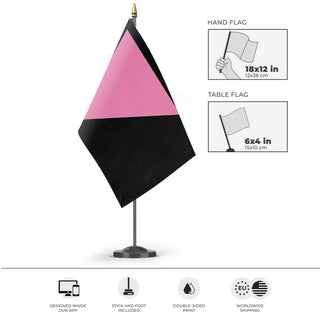 A mockup of the custom flag 'Pink Triangle LGBT Flag' as a desk flag and small hand waving flag