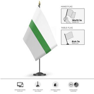 A mockup of the custom flag 'Demiromantic Pride Flag' as a desk flag and small hand waving flag