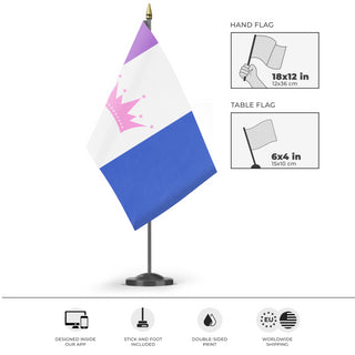 A mockup of the custom flag 'Drag Pride Flag' as a desk flag and small hand waving flag