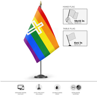 A mockup of the custom flag 'Christian Pride Flag' as a desk flag and small hand waving flag