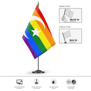 A mockup of the custom flag 'Islam Pride Flag' as a desk flag and small hand waving flag