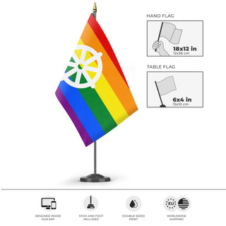 A mockup of the custom flag 'Buddhist Pride Flag' as a desk flag and small hand waving flag