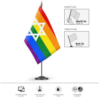 A mockup of the custom flag 'Jewish Pride Flag' as a desk flag and small hand waving flag