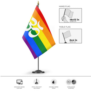 A mockup of the custom flag 'Jainist Pride Flag' as a desk flag and small hand waving flag