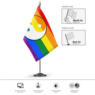 A mockup of the custom flag 'Taoist Pride Flag' as a desk flag and small hand waving flag