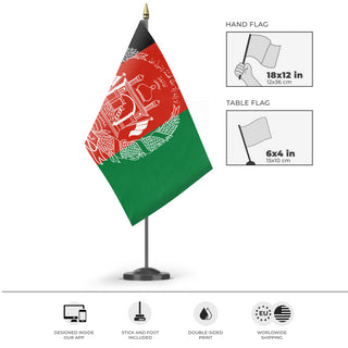 A mockup of the custom flag 'Flag of Afghanistan flag' as a desk flag and small hand waving flag