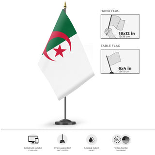 A mockup of the custom flag 'Flag of Algeria flag' as a desk flag and small hand waving flag