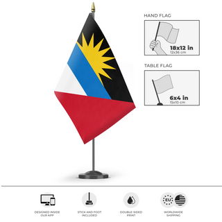 A mockup of the custom flag 'Flag of Antigua and Barbuda flag' as a desk flag and small hand waving flag