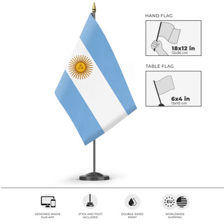 A mockup of the custom flag 'Flag of Argentina flag' as a desk flag and small hand waving flag