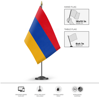 A mockup of the custom flag 'Flag of Armenia flag' as a desk flag and small hand waving flag