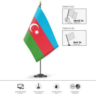 A mockup of the custom flag 'Flag of Azerbaijan flag' as a desk flag and small hand waving flag