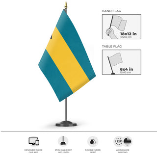 A mockup of the custom flag 'Flag of Bahamas flag' as a desk flag and small hand waving flag