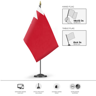 A mockup of the custom flag 'Flag of Bahrain flag' as a desk flag and small hand waving flag