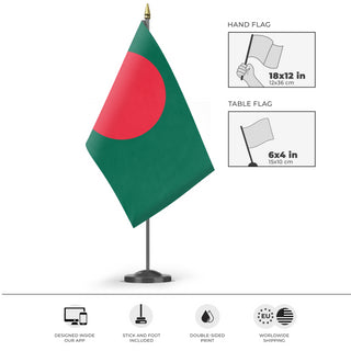 A mockup of the custom flag 'Flag of Bangladesh flag' as a desk flag and small hand waving flag