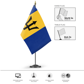 A mockup of the custom flag 'Flag of Barbados flag' as a desk flag and small hand waving flag