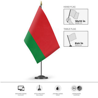 A mockup of the custom flag 'Flag of Belarus flag' as a desk flag and small hand waving flag
