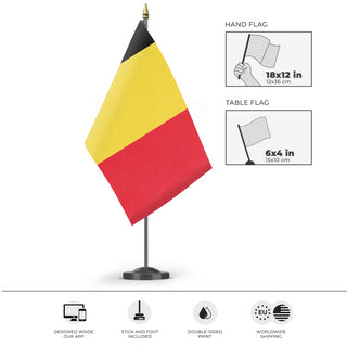 A mockup of the custom flag 'Flag of Belgium flag' as a desk flag and small hand waving flag