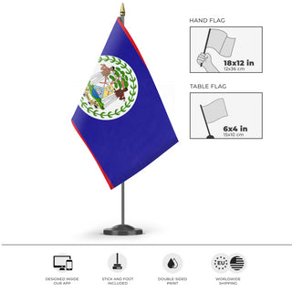 A mockup of the custom flag 'Flag of Belize flag' as a desk flag and small hand waving flag