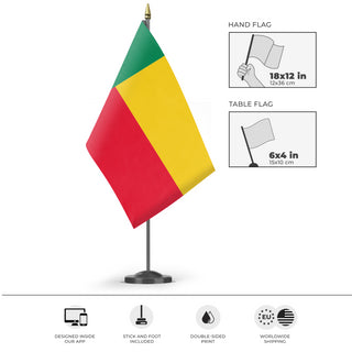 A mockup of the custom flag 'Flag of Benin flag' as a desk flag and small hand waving flag