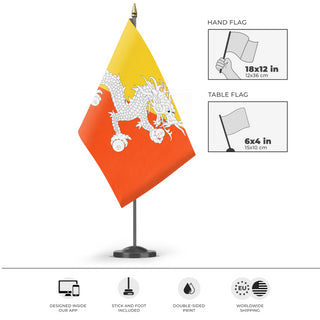 A mockup of the custom flag 'Flag of Bhutan flag' as a desk flag and small hand waving flag