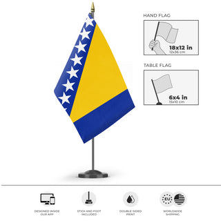 A mockup of the custom flag 'Flag of Bosnia and Herzegovina flag' as a desk flag and small hand waving flag
