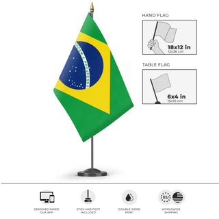 A mockup of the custom flag 'Flag of Brazil flag' as a desk flag and small hand waving flag