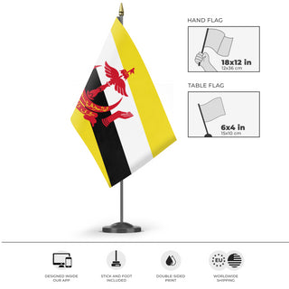 A mockup of the custom flag 'Flag of Brunei flag' as a desk flag and small hand waving flag