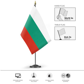 A mockup of the custom flag 'Flag of Bulgaria flag' as a desk flag and small hand waving flag