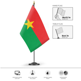A mockup of the custom flag 'Flag of Burkina Faso flag' as a desk flag and small hand waving flag