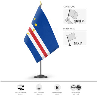 A mockup of the custom flag 'Flag of Cabo Verde flag' as a desk flag and small hand waving flag