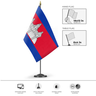 A mockup of the custom flag 'Flag of Cambodia flag' as a desk flag and small hand waving flag