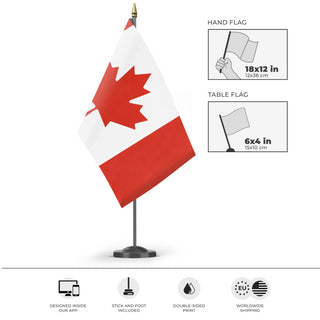 A mockup of the custom flag 'Flag of Canada flag' as a desk flag and small hand waving flag
