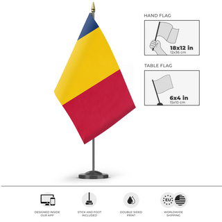A mockup of the custom flag 'Flag of Chad flag' as a desk flag and small hand waving flag