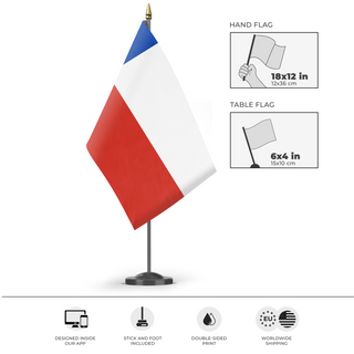 A mockup of the custom flag 'Flag of Chile flag' as a desk flag and small hand waving flag