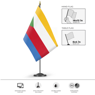 A mockup of the custom flag 'Flag of Comoros flag' as a desk flag and small hand waving flag