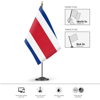 A mockup of the custom flag 'Flag of Costa Rica flag' as a desk flag and small hand waving flag