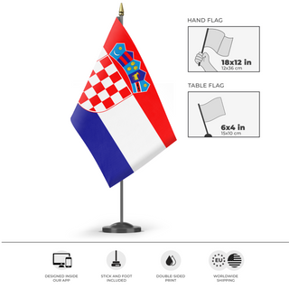 A mockup of the custom flag 'Flag of Croatia flag' as a desk flag and small hand waving flag