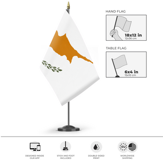 A mockup of the custom flag 'Flag of Cyprus flag' as a desk flag and small hand waving flag
