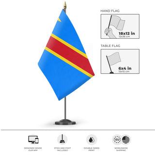 A mockup of the custom flag 'Flag of Democratic Republic of the Congo flag' as a desk flag and small hand waving flag