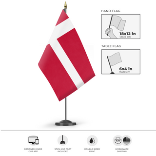 A mockup of the custom flag 'Flag of Denmark flag' as a desk flag and small hand waving flag
