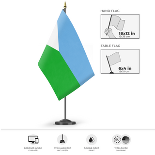 A mockup of the custom flag 'Flag of Djibouti flag' as a desk flag and small hand waving flag