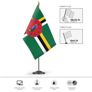 A mockup of the custom flag 'Flag of Dominica flag' as a desk flag and small hand waving flag