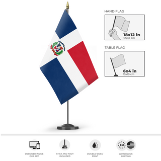 A mockup of the custom flag 'Flag of Dominican Republic flag' as a desk flag and small hand waving flag