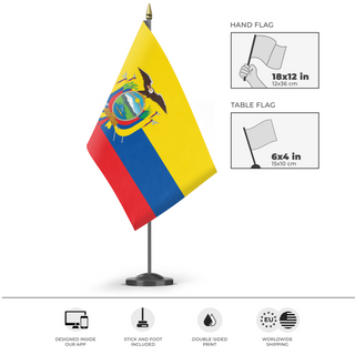 A mockup of the custom flag 'Flag of Ecuador flag' as a desk flag and small hand waving flag